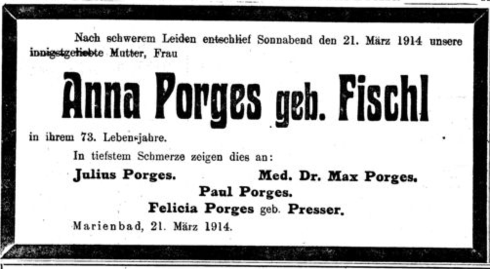 Faire-part of Anna Porges n&eacute;e Fischl, 1914